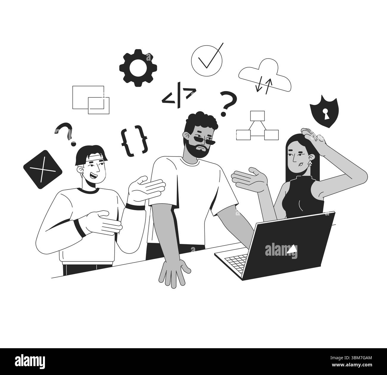 Learning to code in group line illustration concept Stock Vector
