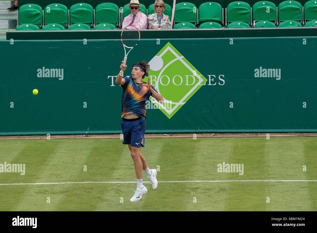 Stoke Poges, Buckinghamshire, UK. 24th June, 2025. Ahead of Wimbledon, Alexander Shevchenko (pictured) was playing tennis against David Goffin today on Day One of the Boodles at Stoke Park in Buckinghamshire. Alexander is a Kazakhstani professional tennis player who is currently ranked number 97 in the world. Credit: Maureen McLean/Alamy Live News Stock Photo