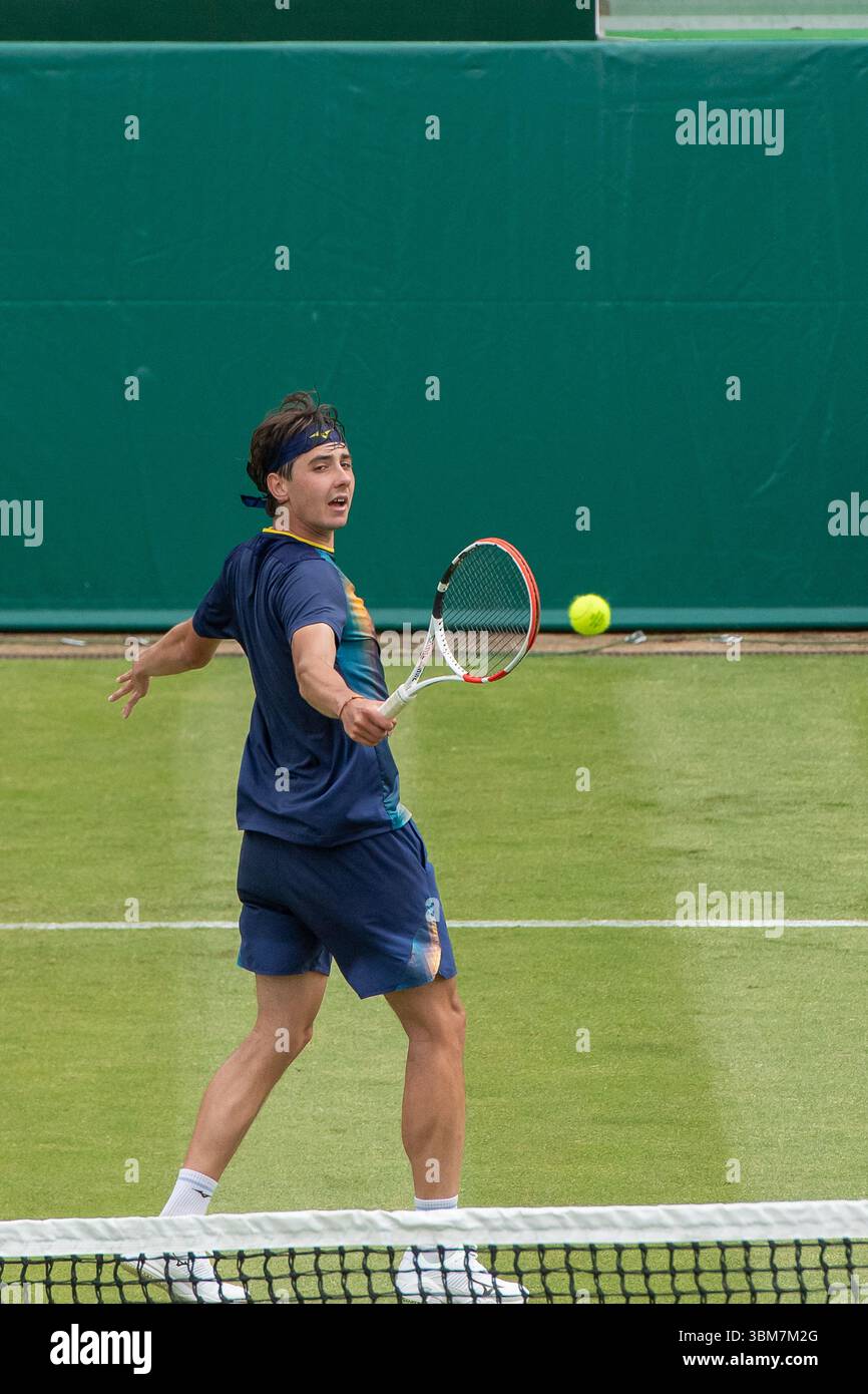 Stoke Poges, Buckinghamshire, UK. 24th June, 2025. Ahead of Wimbledon, Alexander Shevchenko (pictured) was playing tennis against David Goffin today on Day One of the Boodles at Stoke Park in Buckinghamshire. Alexander is a Kazakhstani professional tennis player who is currently ranked number 97 in the world. Credit: Maureen McLean/Alamy Live News Stock Photo