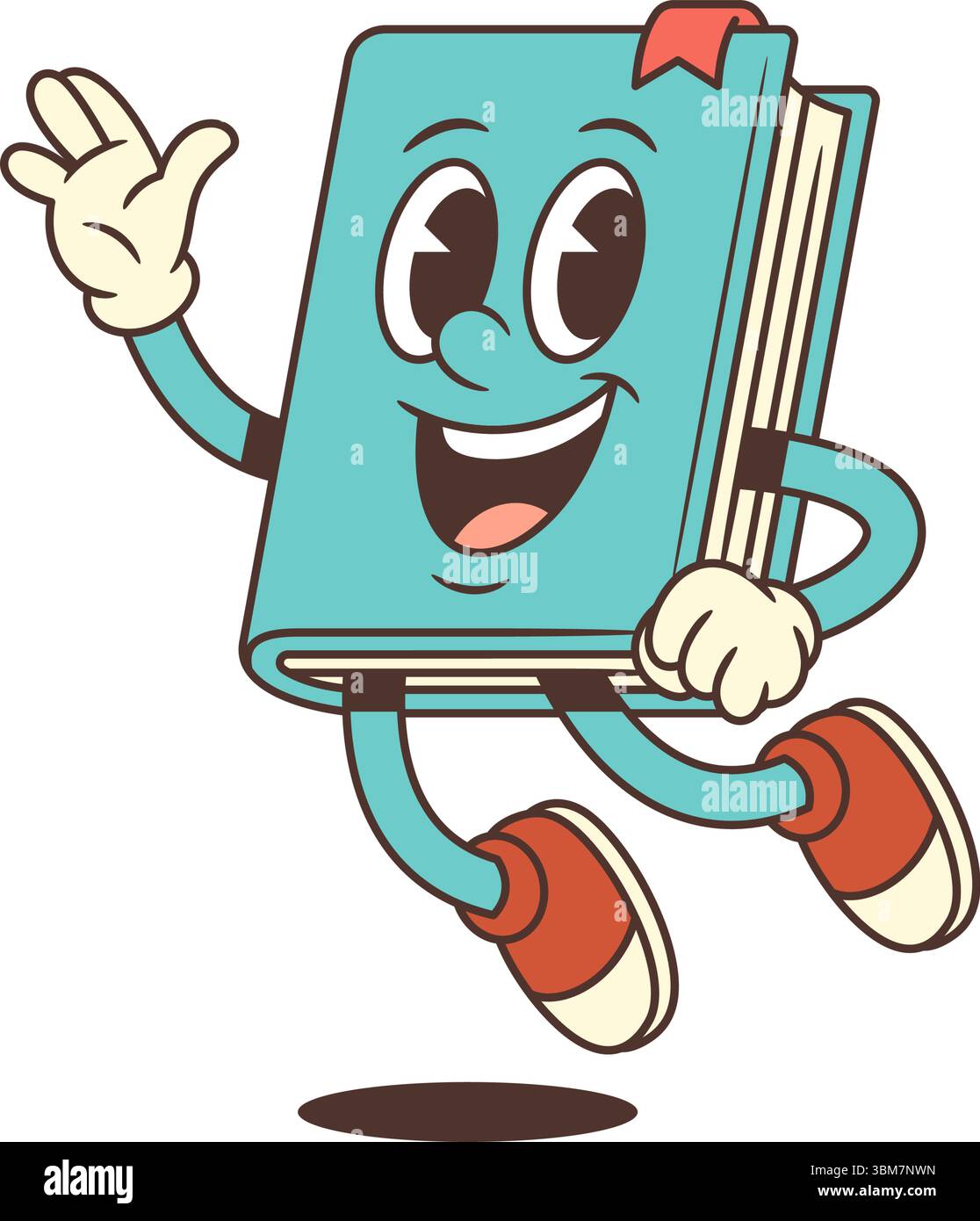 Energetic blue cartoon book mascot character jumping happily while waving with excitement. Expressive comic style suitable for education and literatur Stock Vector