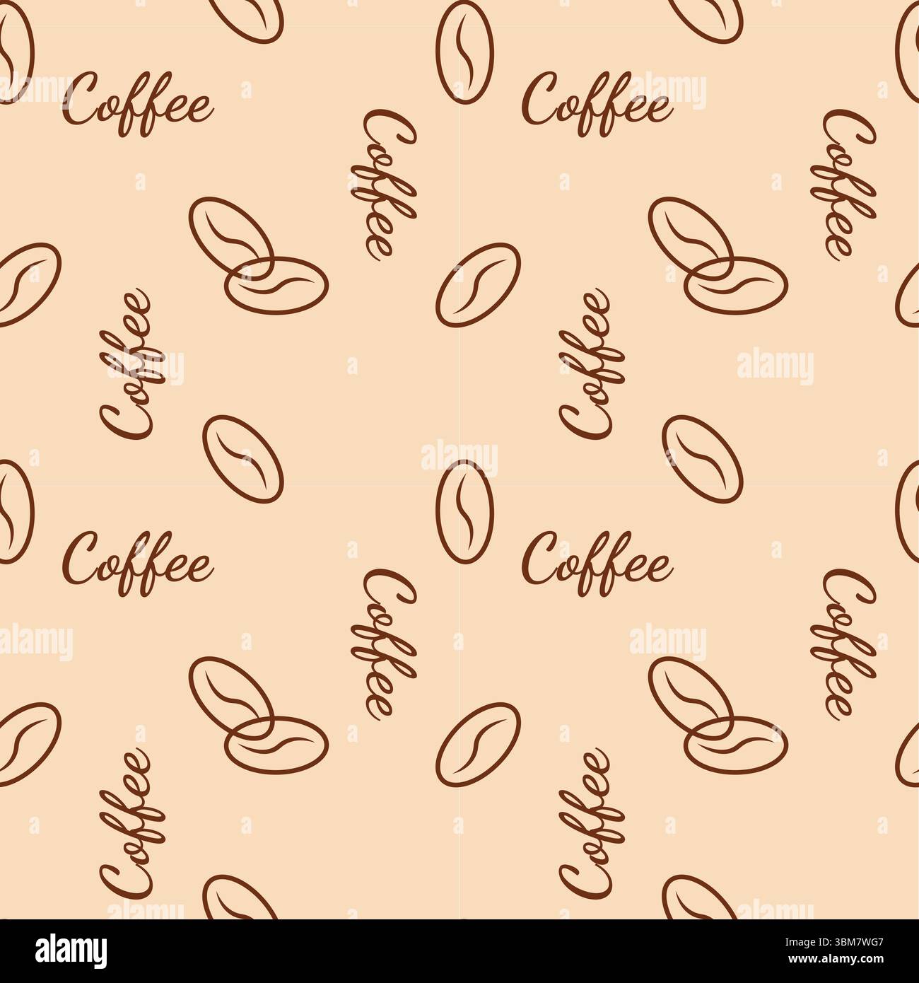 Pattern with coffee beans and lettering Coffee on beige background. Vector illustration Stock Vector