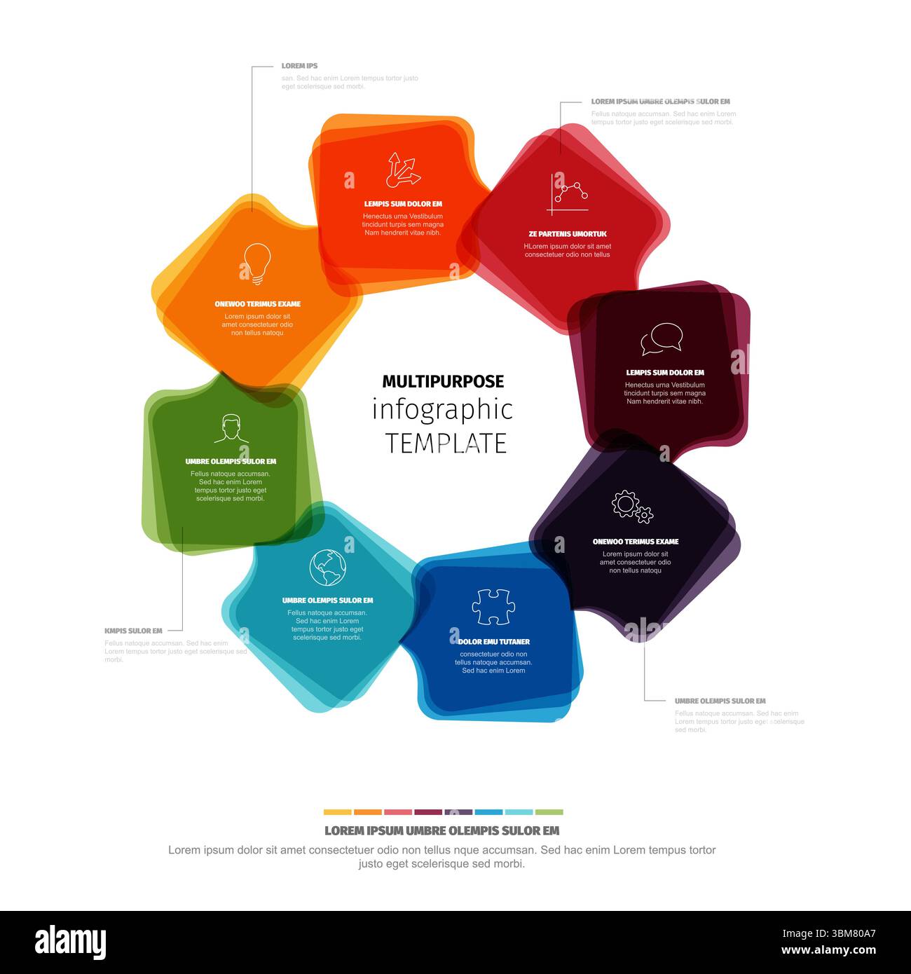 This multipurpose infographic template showcases eight appealing, colorful circle infographic elements. It's a modern template perfect for visual data Stock Vector