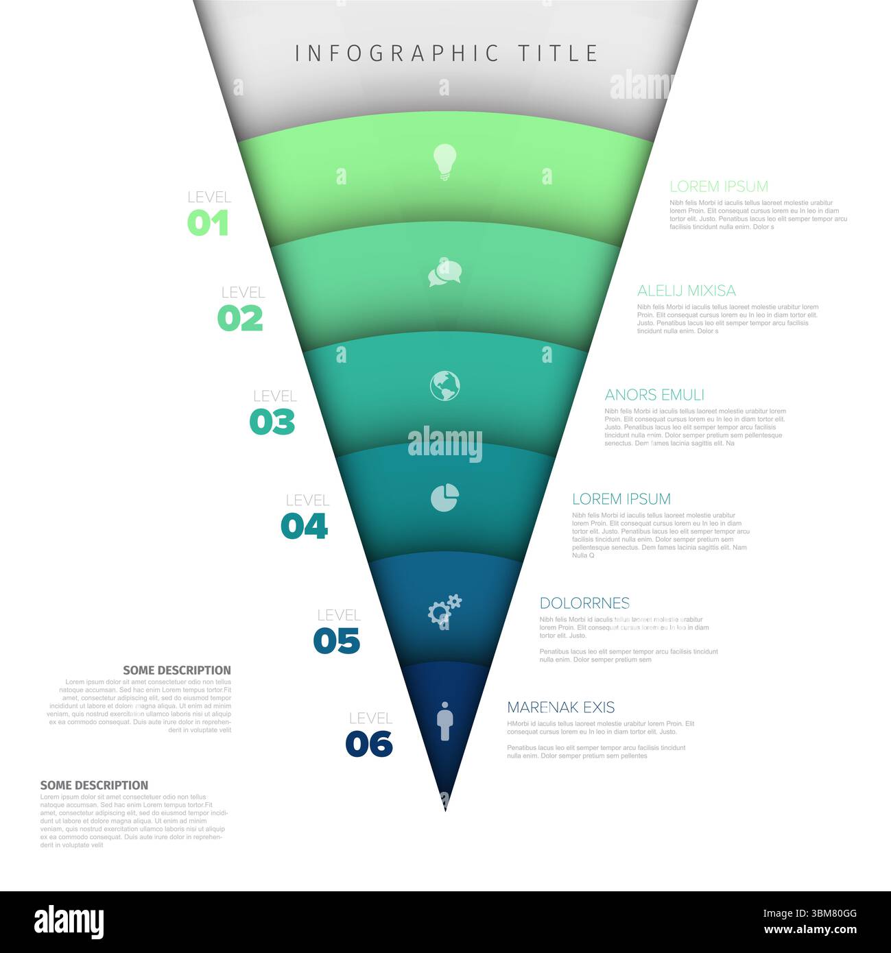 A vibrant funnel infographic template features six distinct colored ...