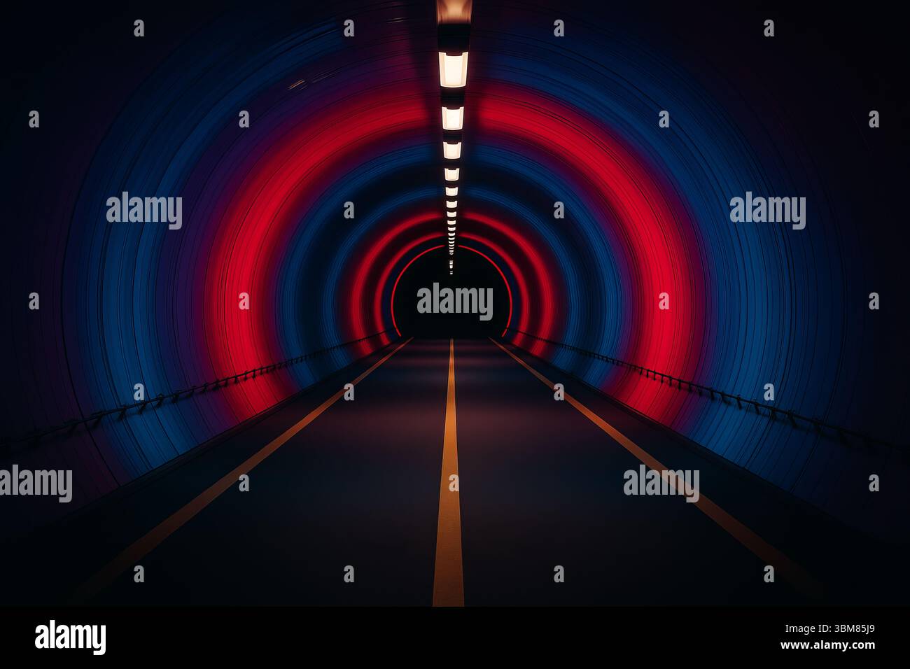 Underground tunnel with red and blue lights. Stock Photo
