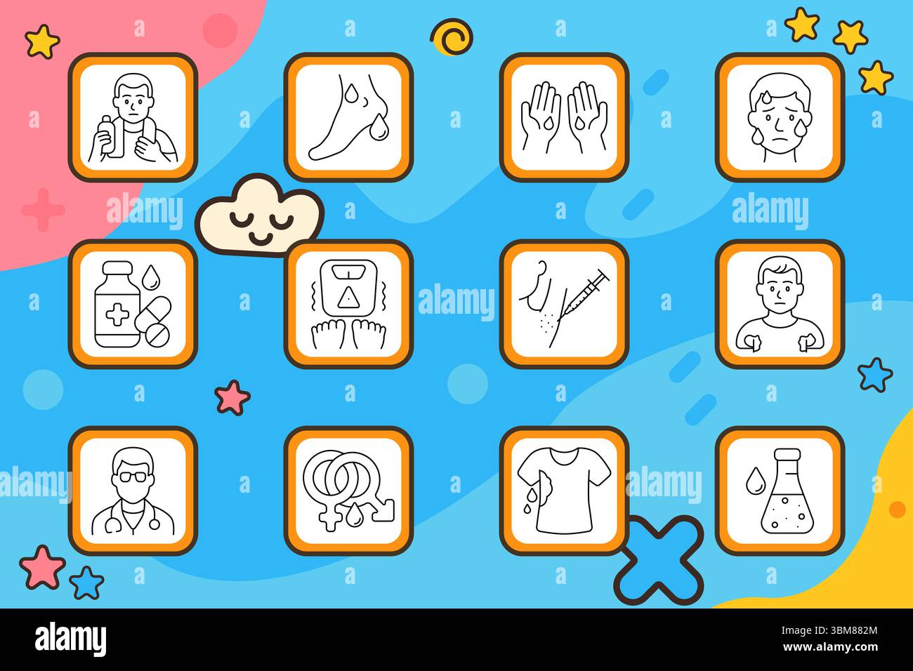 Sweating symptom set icon. Man with bottle, foot sweat, hand sweat ...