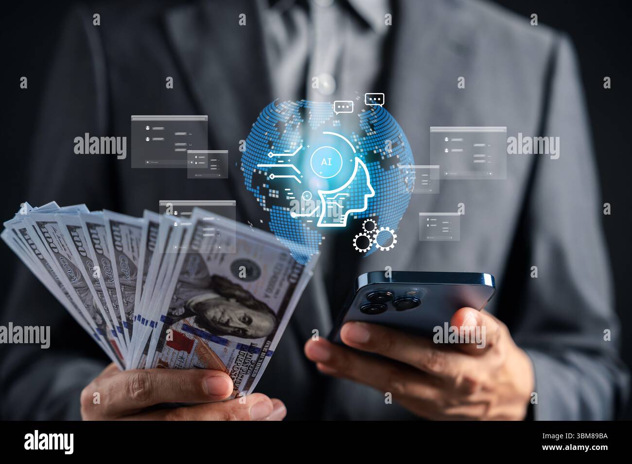Artificial intelligence for generate income financial growth using smartphone technology. AI investment, cash flow automation, fintech innovation, and Stock Photo