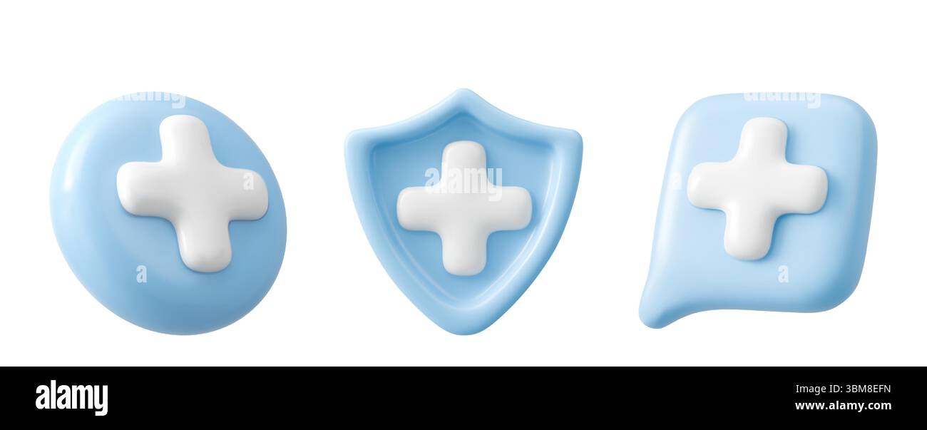 3D health icons collection - white plus symbols on pastel blue speech bubble, shield and circle. Speak cloud for medical apps, healthcare websites, hospital branding or pharmacy design. Stock Vector