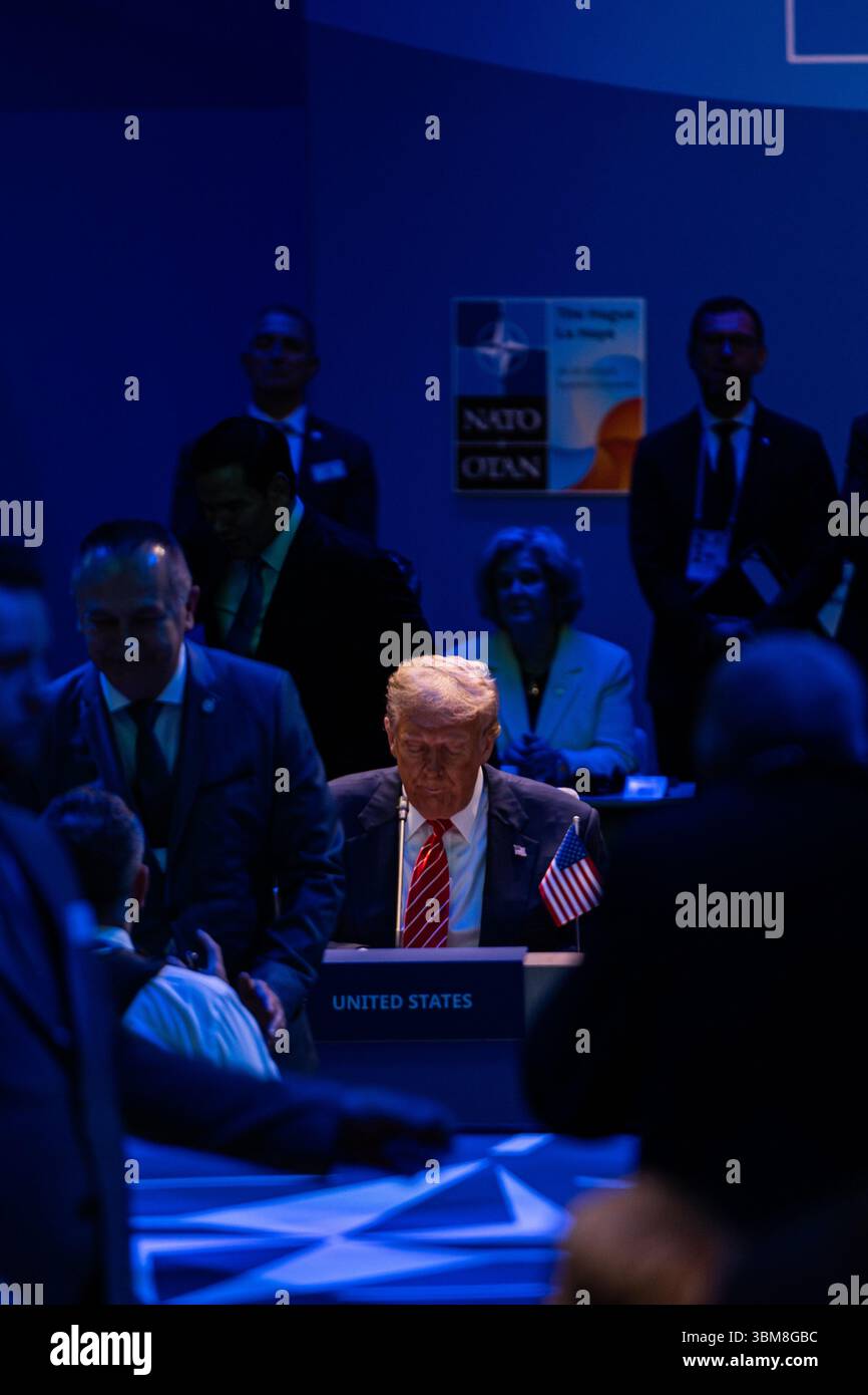June 25, 2025, The Hague, South Holland, Netherlands: US President DONALD TRUMP waits for the start of the Heads of State gathering of the North Atlantic Council meeting. On June 25, 2025, leaders and representatives from all 32 NATO countries gathered at the World Forum in The Hague, the Netherlands to participate in the NATO Summit. Topics of concern this year were the conflicts in the Middle East, Ukraine, yearly member-state contributions, and broader topics of deterrence and defense, cyber security, and collective defense under Article 5 of the North Atlantic Treaty. (Credit Image: © Jame Stock Photo