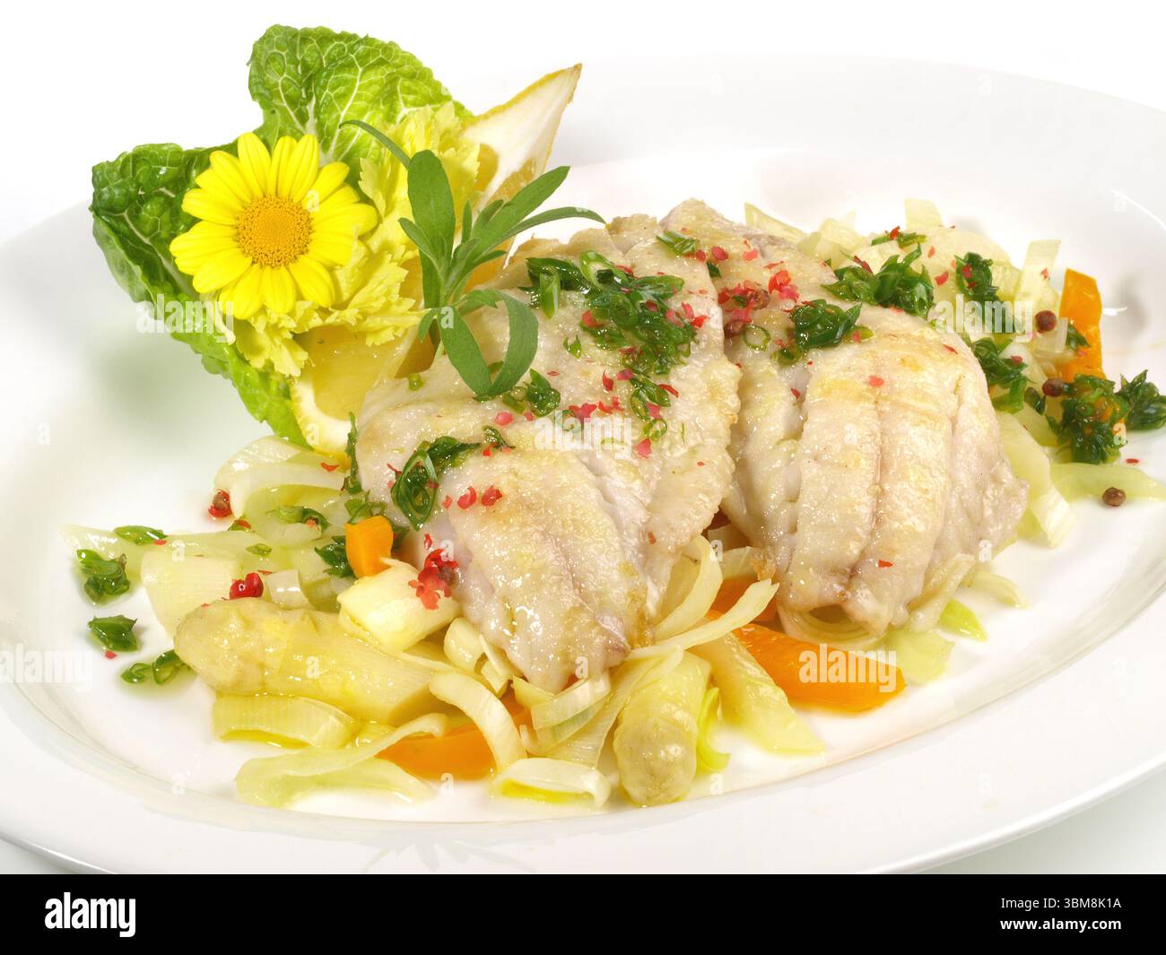 Cooked Gilthead Fillets on white Asparagus Stock Photo - Alamy