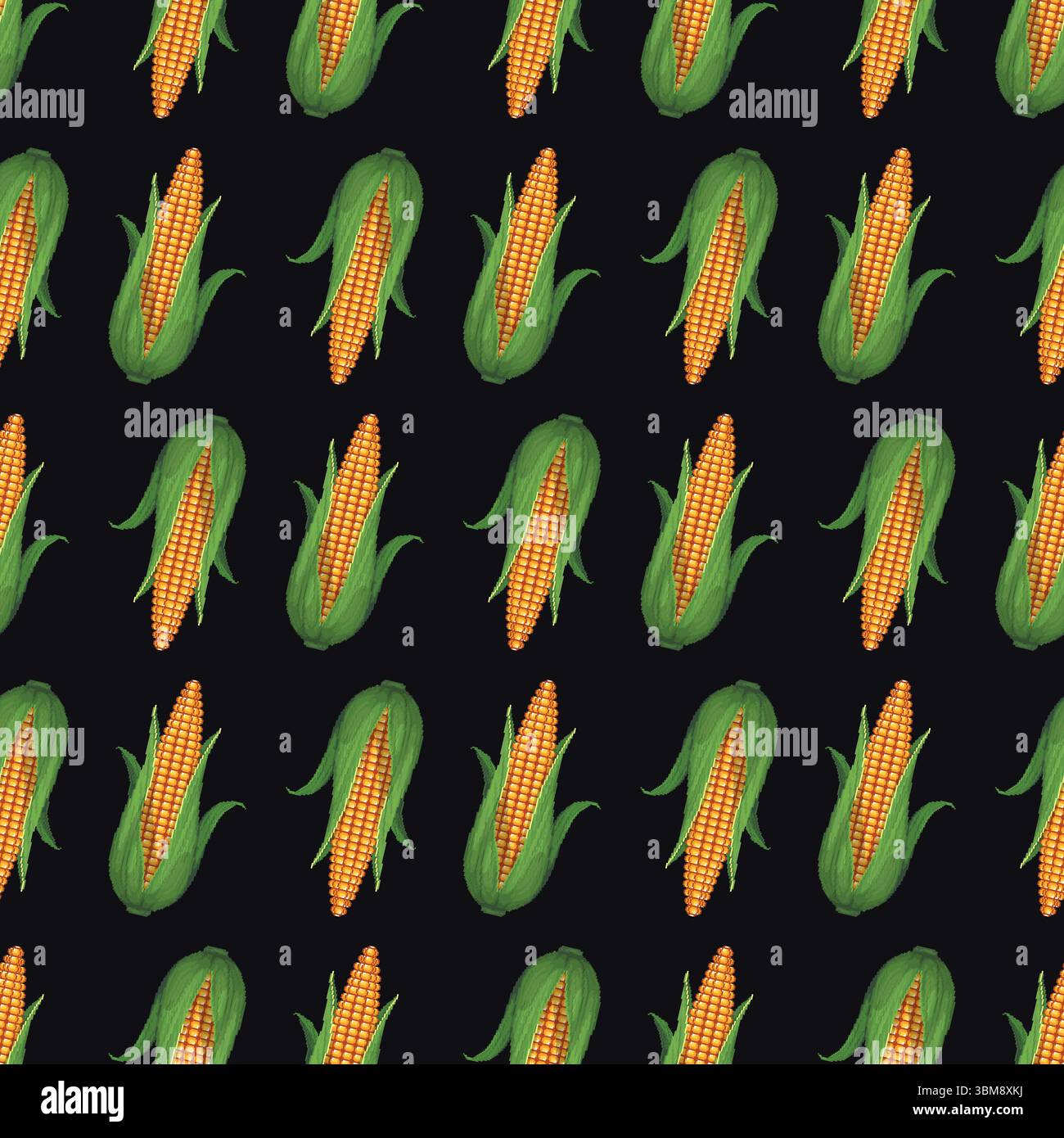 Seamless corn pattern in pixel art style on dark background, vector Stock Vector