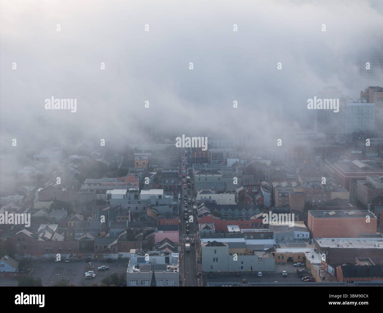 Aerial drone view of downtown New Orleans skyline shrouded in morning ...