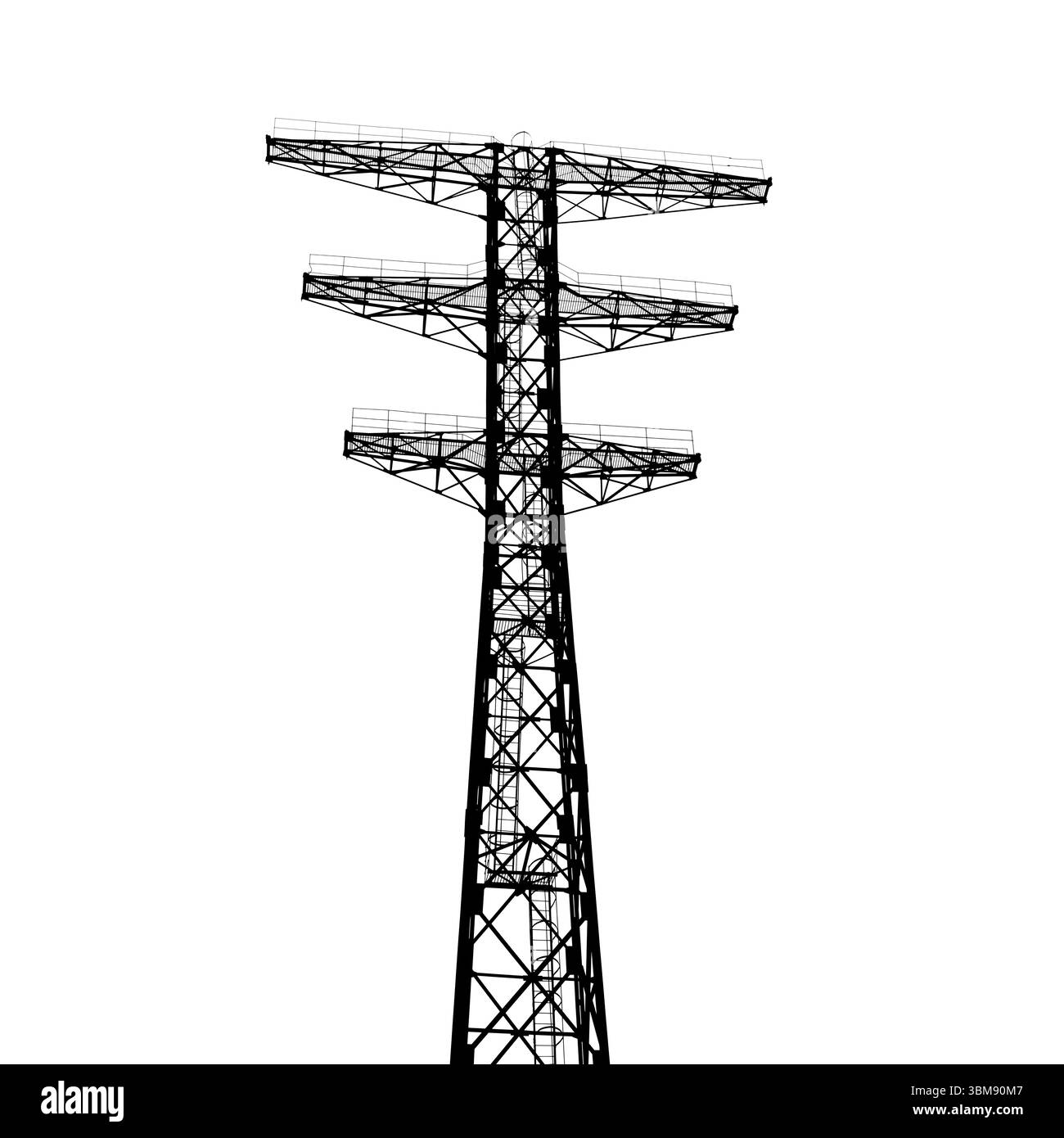 Transmission line support with no wires. Black silhouette photography of an industrial metal tower isolated on white background Stock Photo