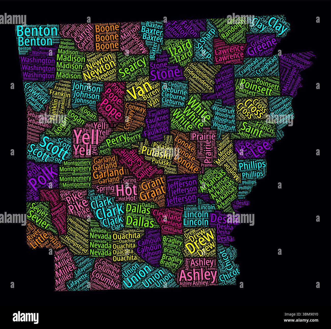 Arkansas Regions Word Clouds. Bright typographic style design on dark background. Arkansas region names tag clouds. Boundary shape. Stock Vector
