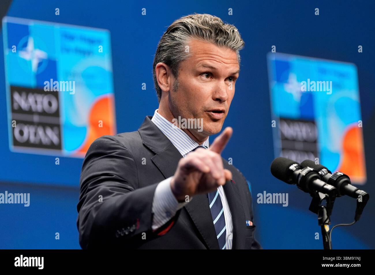 Defence Secretary Pete Hegseth gestures during a media conference at the end of the NATO summit in The Hague, Netherlands, Wednesday, June 25, 2025. (AP Photo/Alex Brandon) Stock Photo