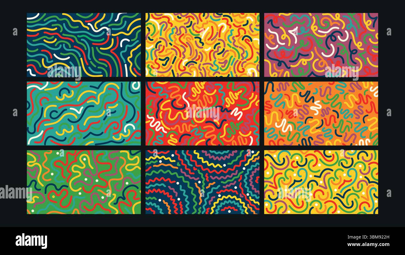 Squiggly multicolor doodle background Set Stock Vector