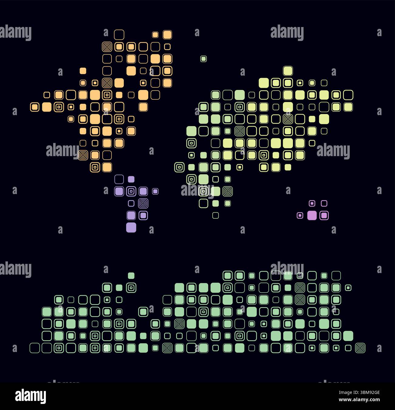 World shape built of colored cells. Digital style map on a dark ...