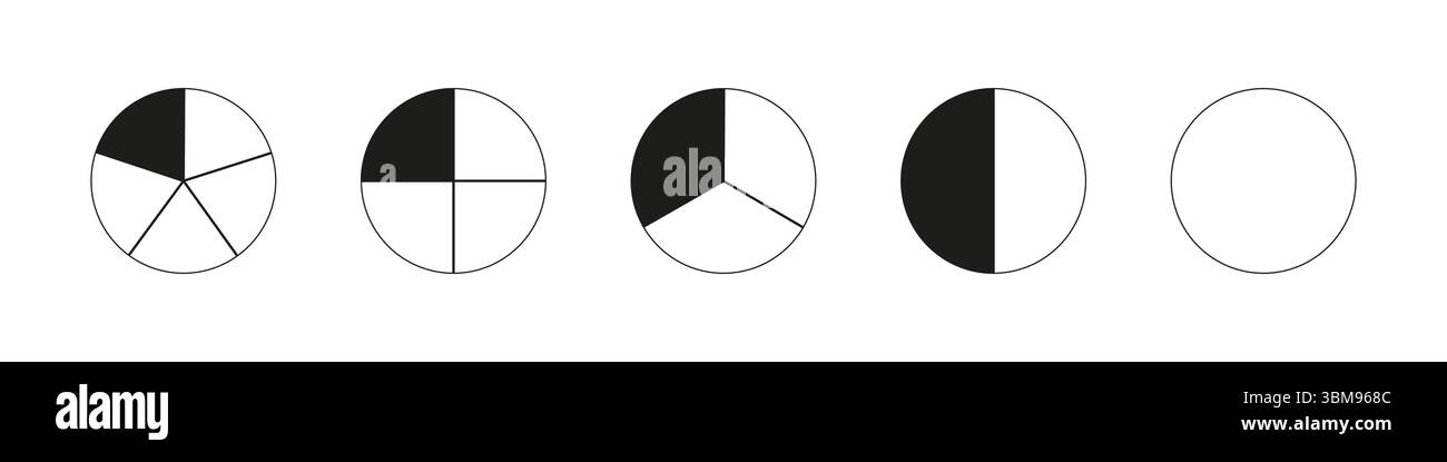 Circle division on from 1 to 5 equal parts. Round divided diagrams with from one to five segments. Coaching blanks. Infographic patterns. Pizza, pie Stock Vector
