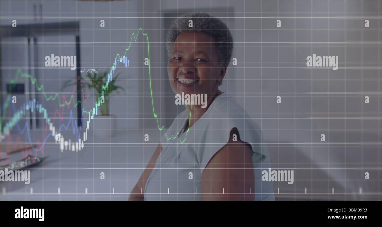 Woman tracking multicolored line chart overlay in home office with ...