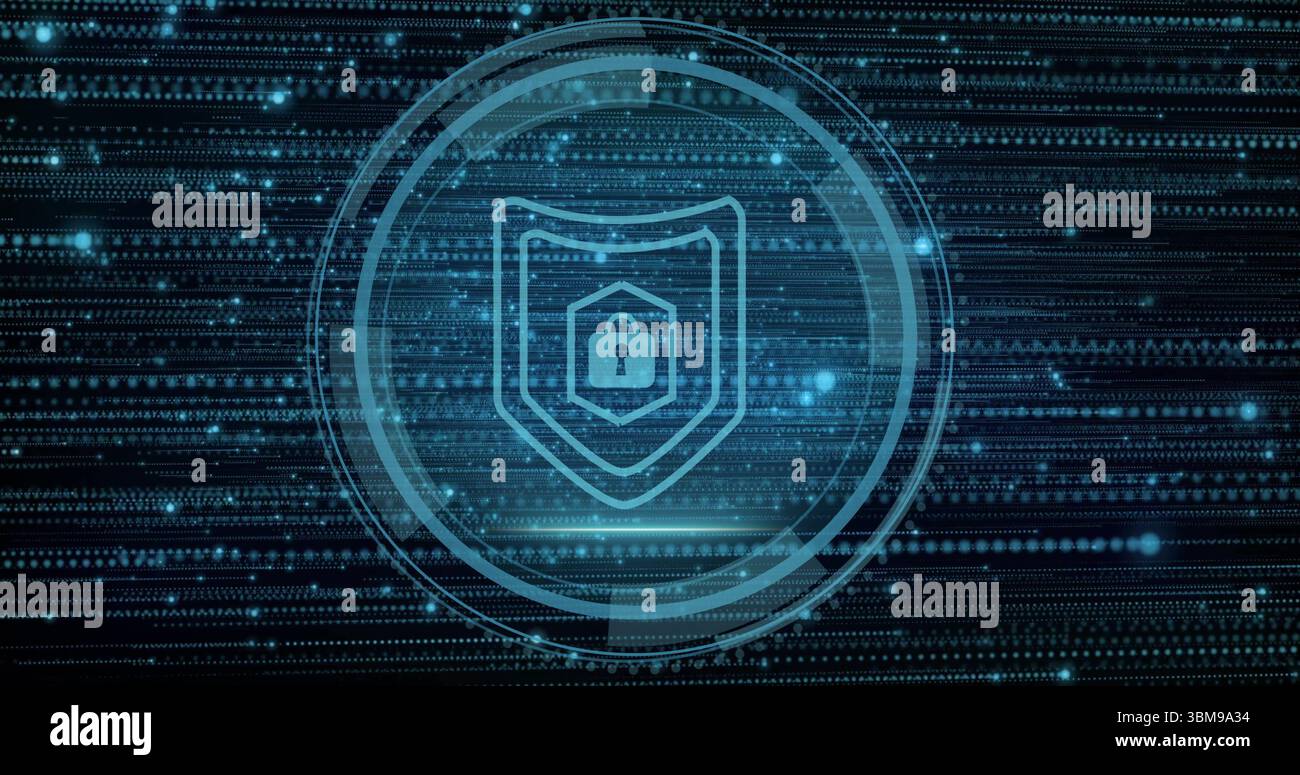 Displaying glowing shield emblem flashing in data network, with padlock icon and binary streams. Cybersecurity, data protection, digital security, cyb Stock Photo