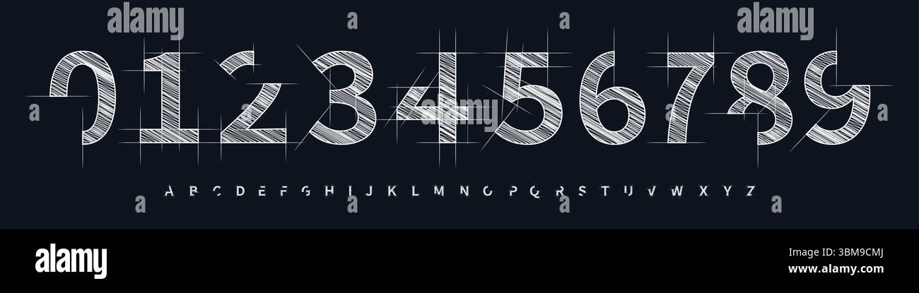 Technical Sketch Number Font, Blueprint Alphabet for architecture ...