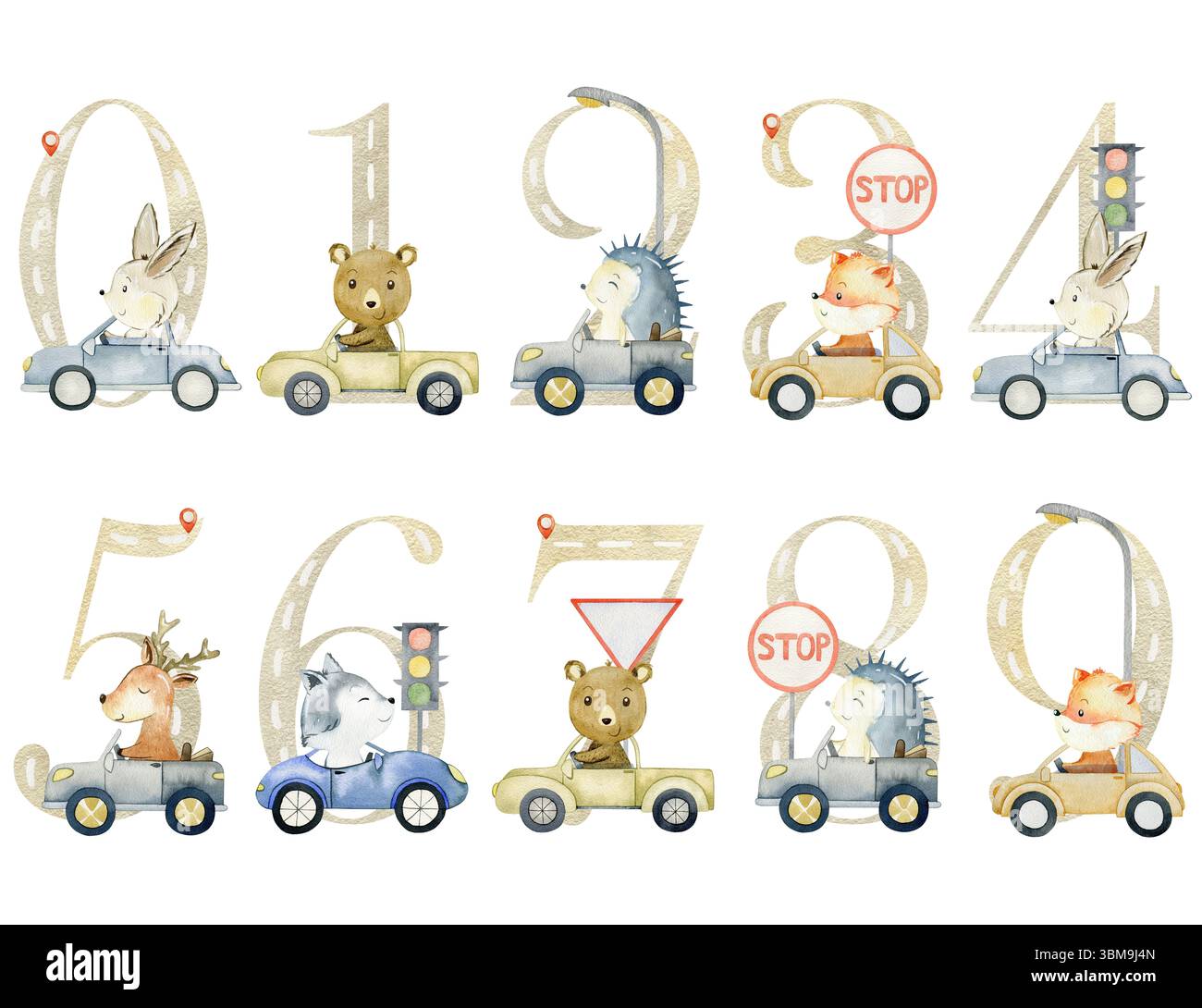 Watercolor animals numbers Stock Photo - Alamy