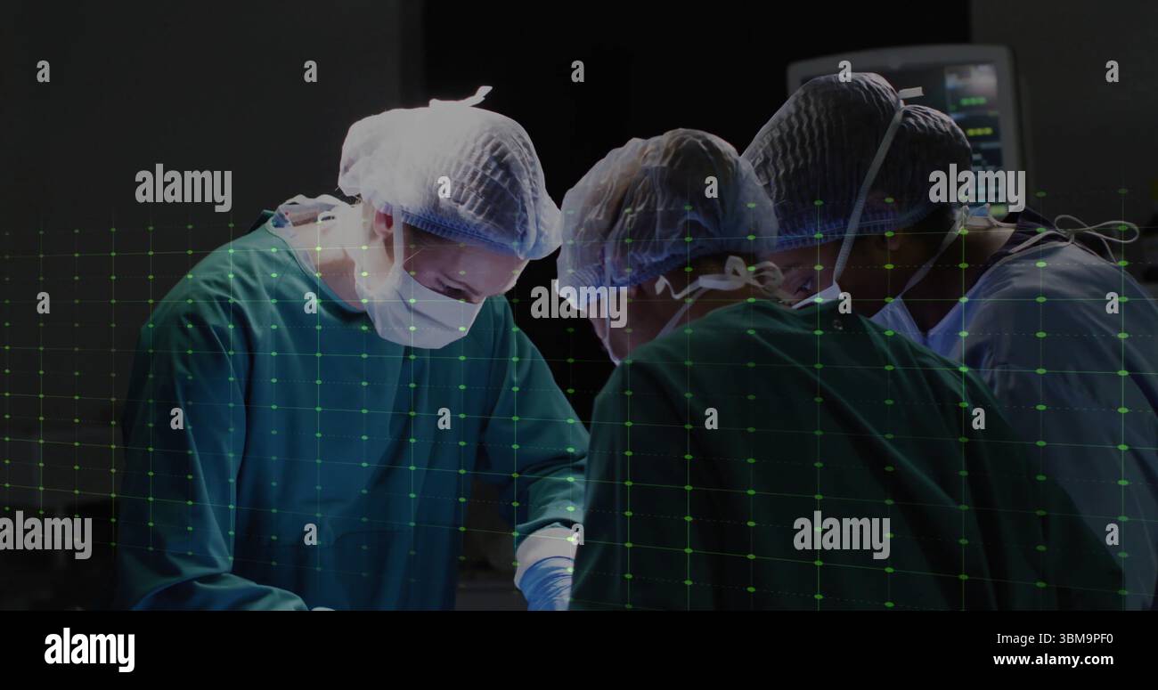 Three surgeons positioning instruments over draped table in operating ...
