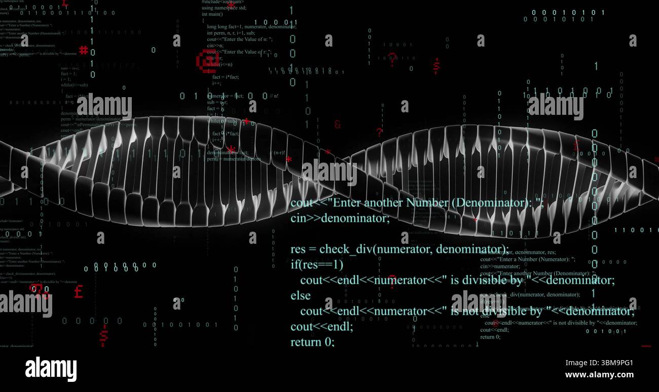 Displaying translucent 3D DNA double helix rotating in virtual digital space, with C++ code streams. Futuristic, data visualization, cybernetic, techn Stock Photo