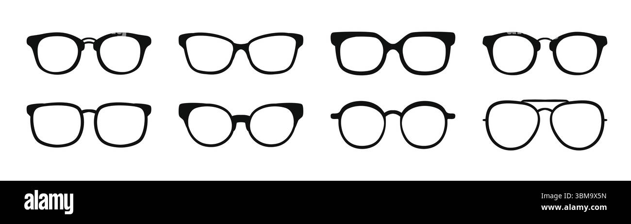 A set of glasses isolated. Vector glasses model icons. Sunglasses, glasses, isolated on white background. Silhouettes. Stock Vector