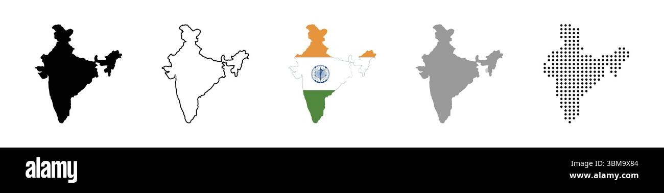 India map vector icon set. Silhouette, states, regions, outline, flag, flat, dotted styles. Vector illustration Stock Vector