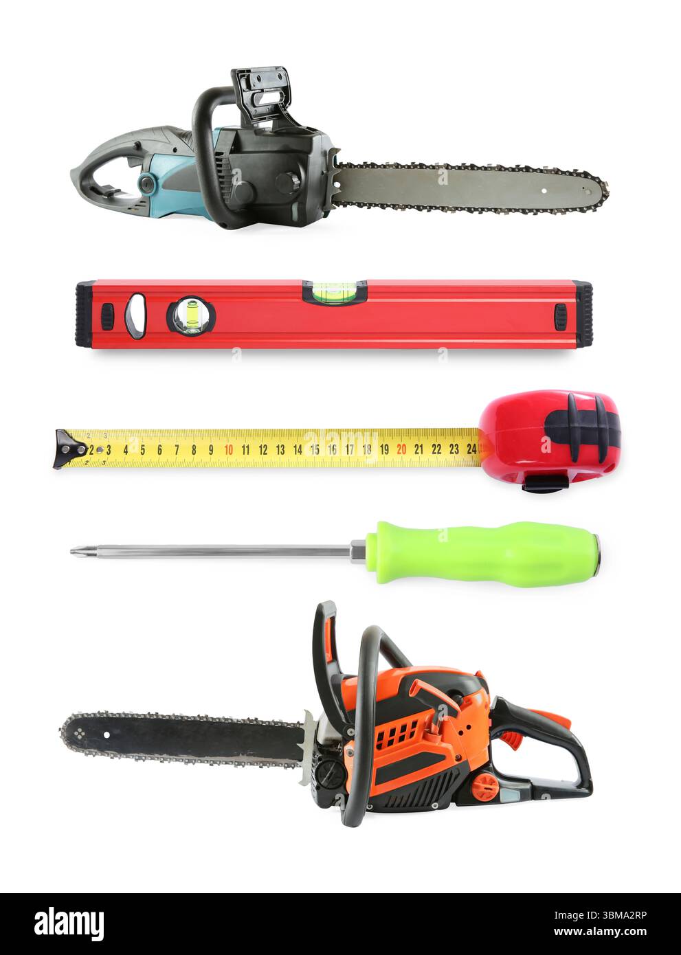 Chainsaws and other tools isolated on white, collage Stock Photo