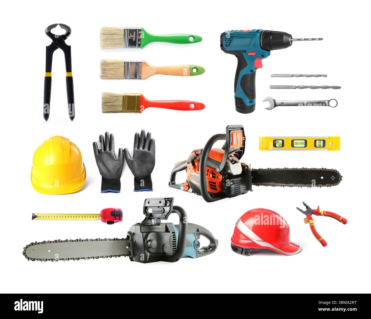 Chainsaws and other equipment on white background, set Stock Photo