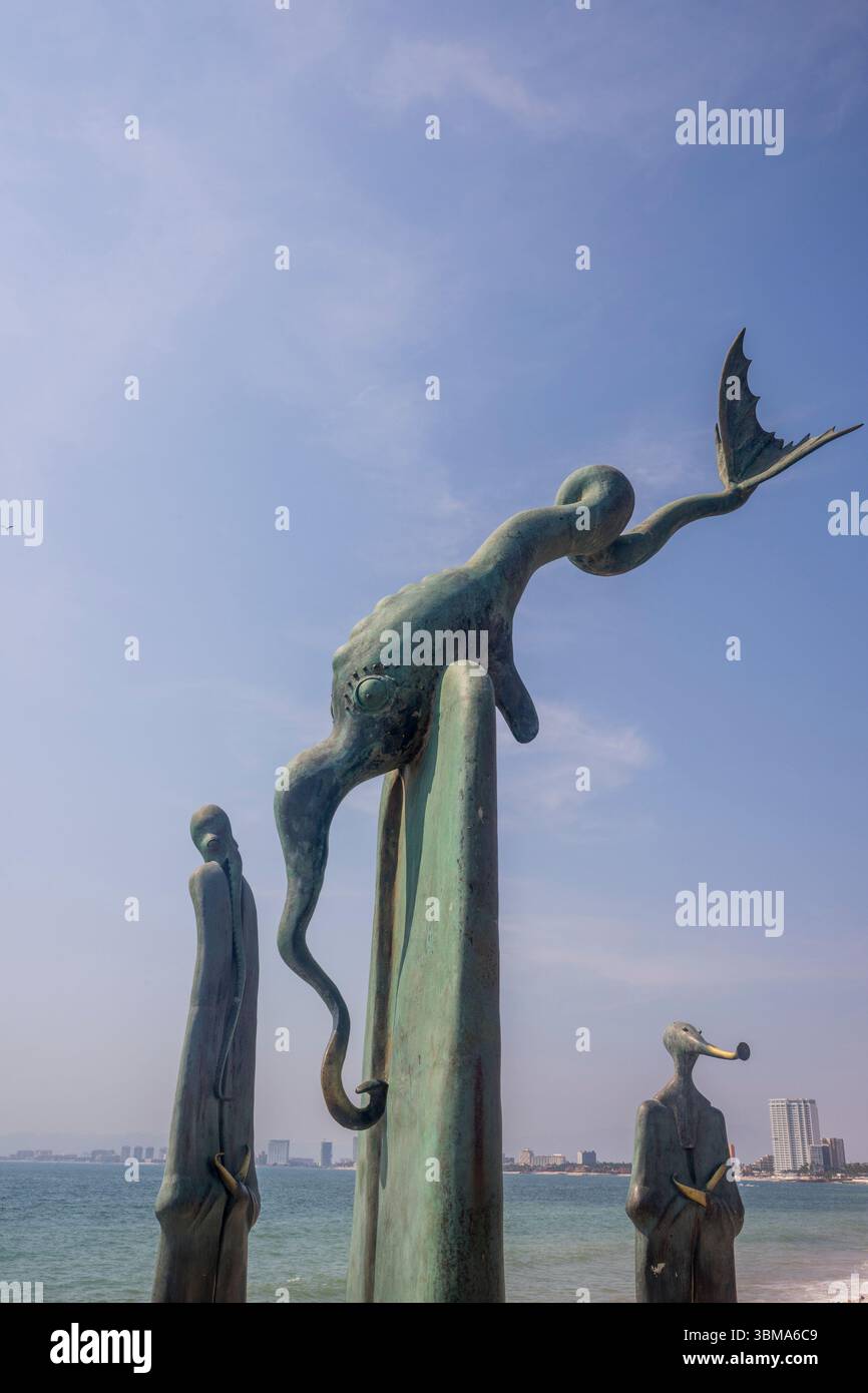 The Malecon boardwalk with a detail of The Rotunda of the Sea bronze ...