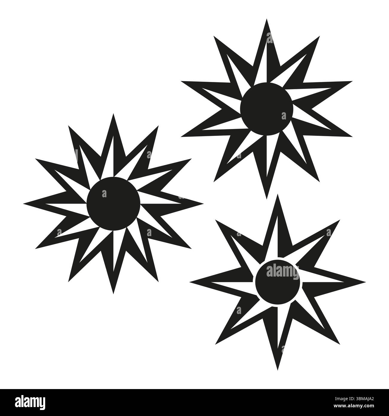 Spiky star shapes. Abstract sharp elements. Geometric pointed symbols. Vector dynamic illustration. Stock Vector