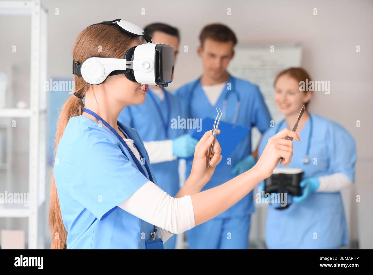 Female doctor with surgical instruments using VR glasses in clinic ...