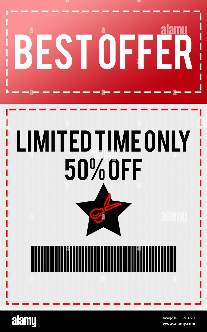 Flat coupon showing red and grey panels, dashed-border star-with-red-scissors and barcode Stock Photo