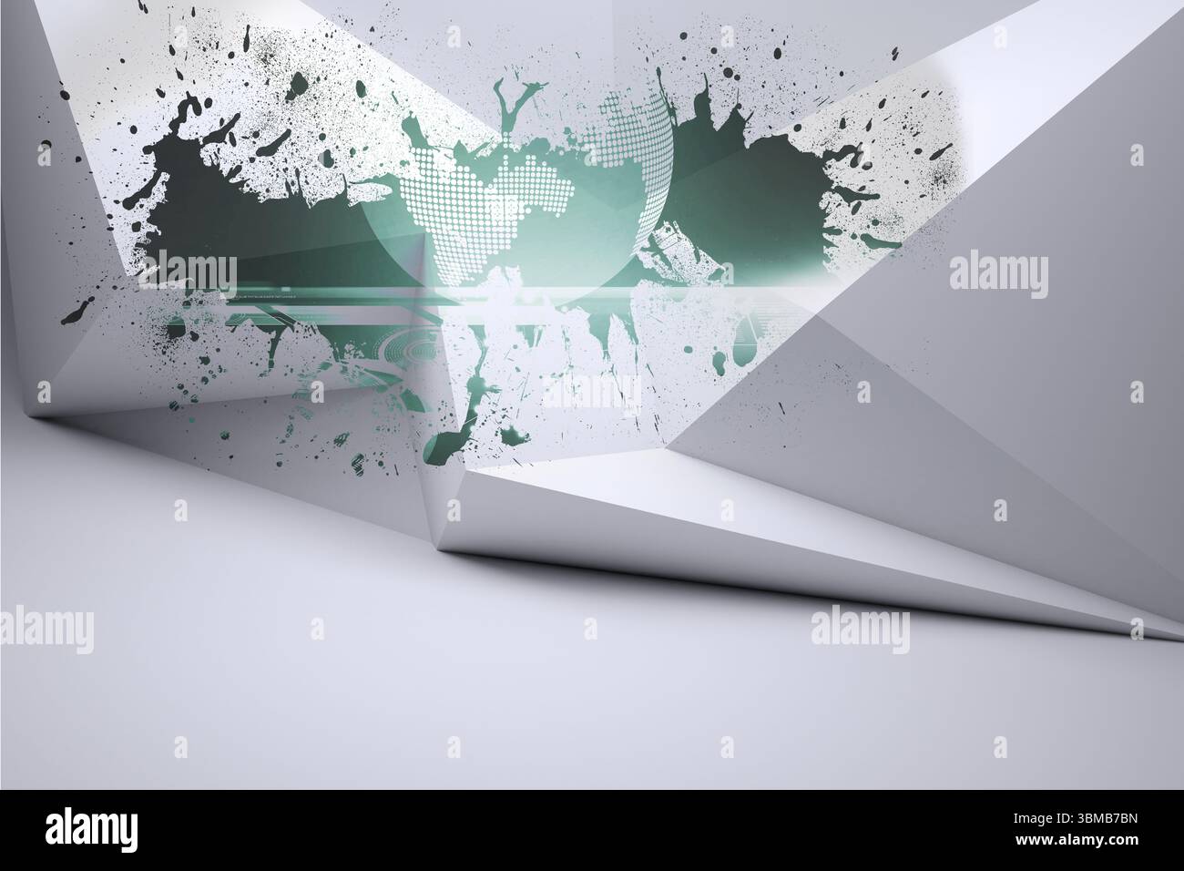 Splash on wall revealing global graphic Stock Photo