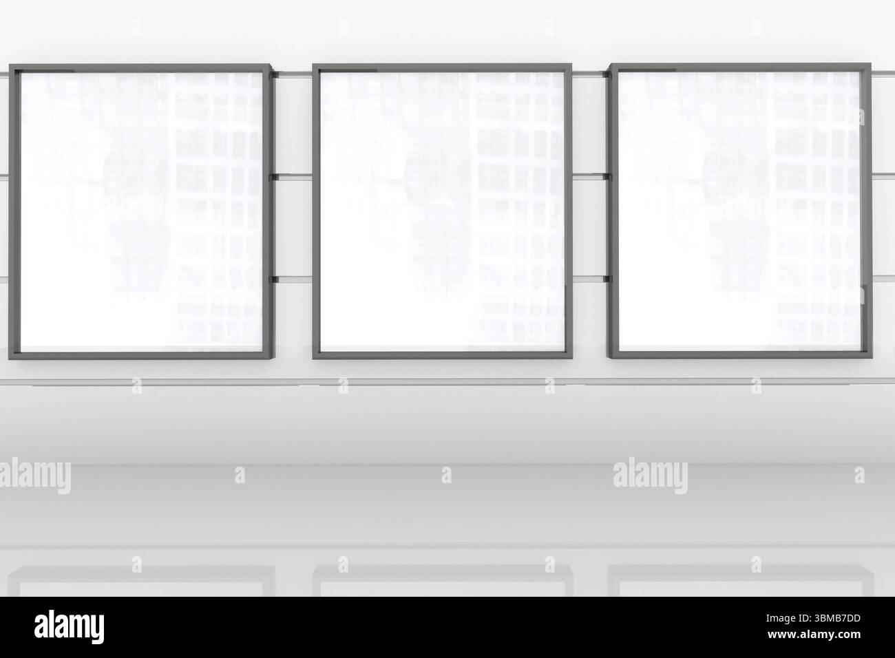 Three empty square frames are hanging on white wall in flat design gallery, with reflective floor Stock Photo