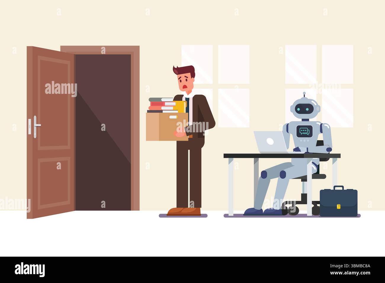 Artificial intelligence has replaced human. The robot is in the workplace and people is fired. Vector illustration Stock Vector