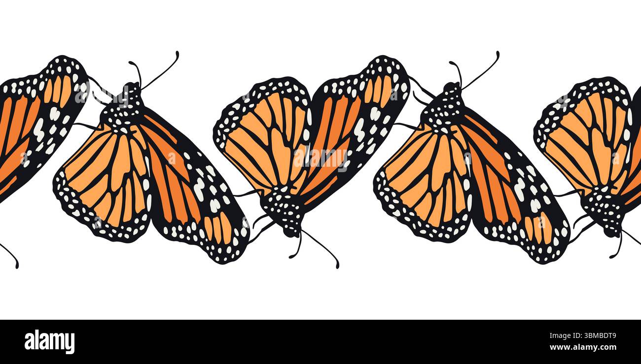 Horizontal stripe pattern with hand drawn orange monarch butterflies Stock Vector