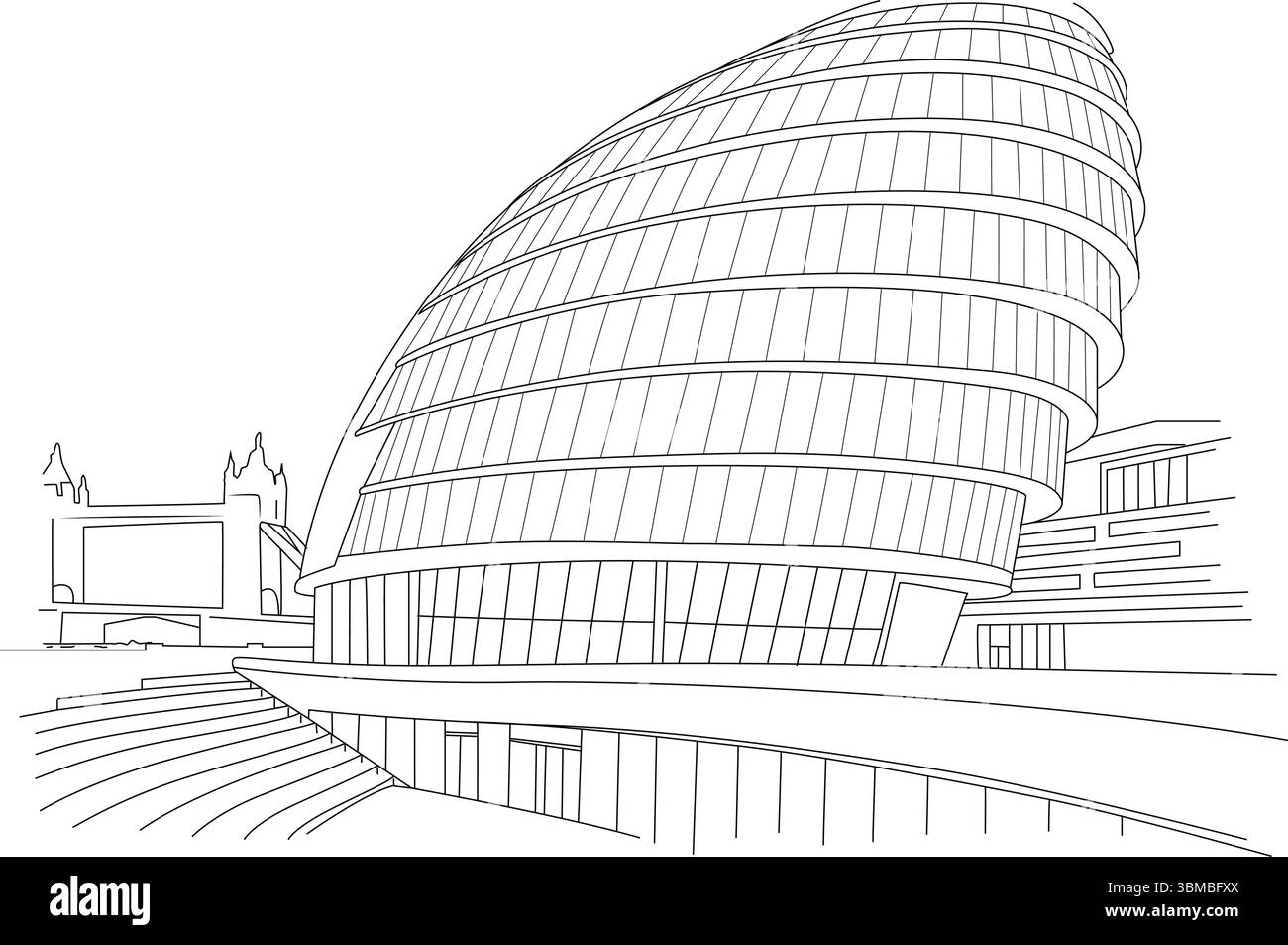 A clean, minimalist line art illustration of the modern London City Hall building with its distinctive curved glass facade. The iconic silhouette of T Stock Vector