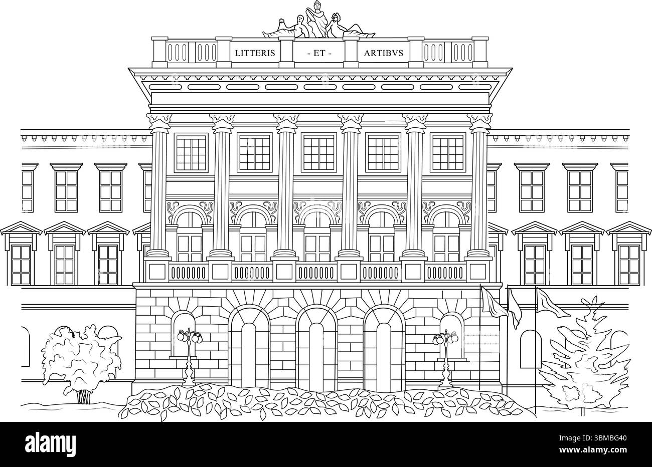 Vector line art illustration depicting the main facade of the historic ...