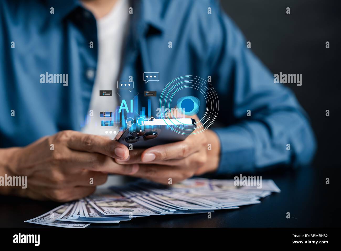 Artificial intelligence for financial growth using smartphone technology. AI investment, cash flow automation, fintech innovation, and digital wealth Stock Photo