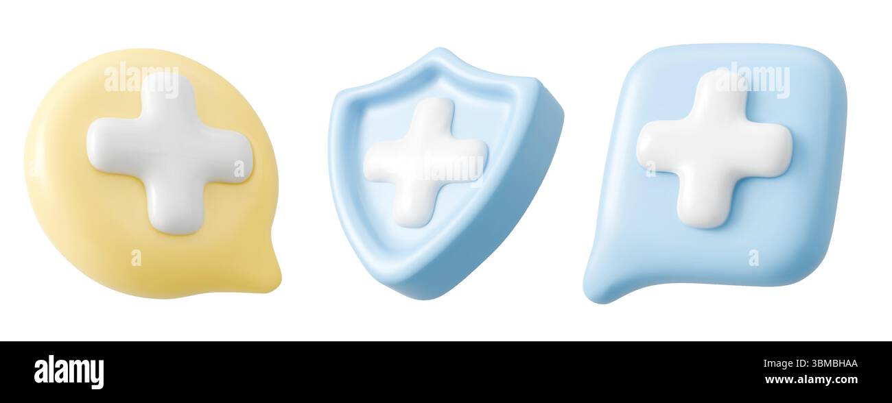 3D health icons collection - white plus symbols on yellow speech bubble, blue shield and rounded square speak cloud for medical apps, healthcare websites, hospital branding or pharmacy design. Stock Vector