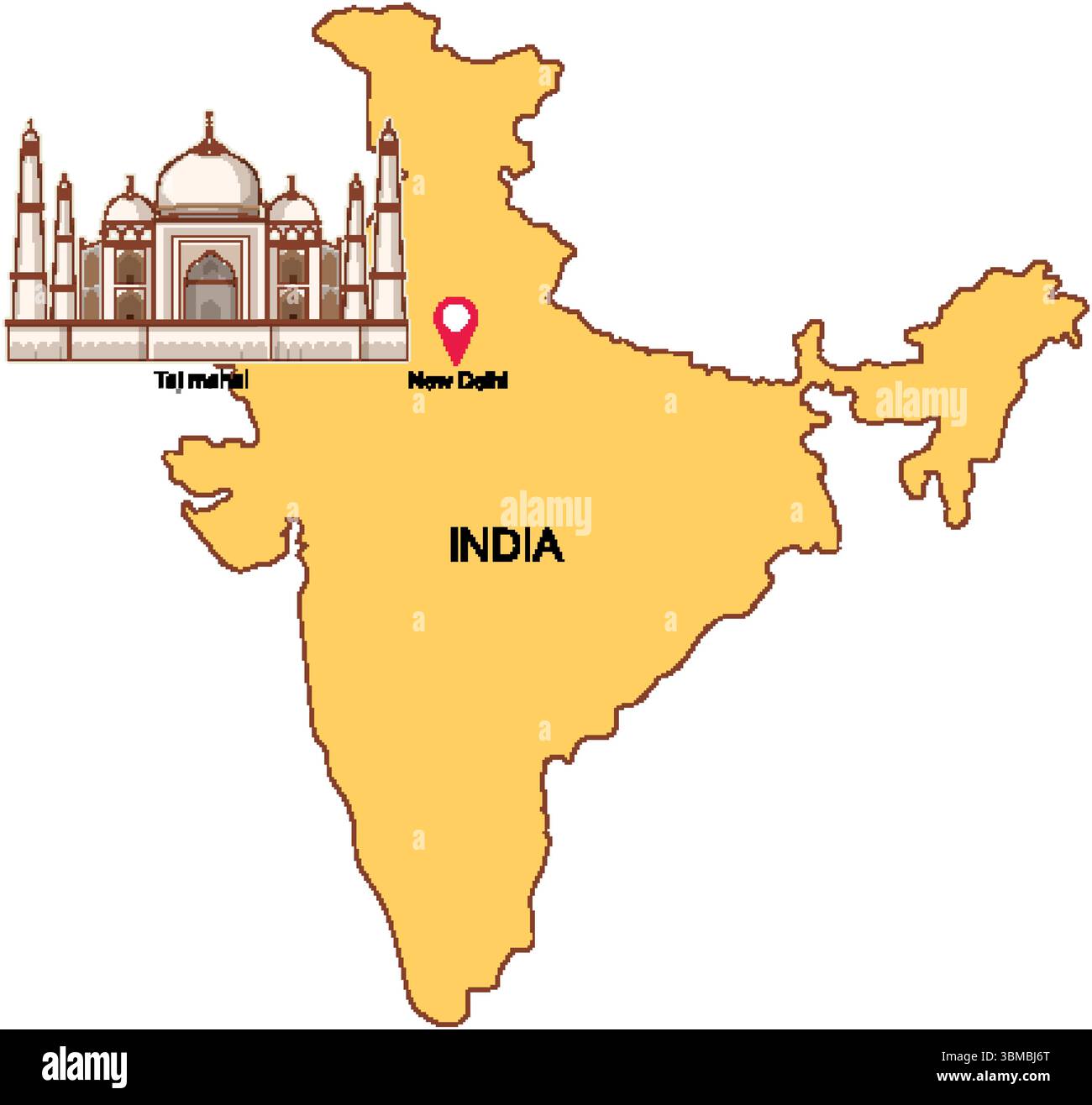 Vector map of India highlighting the Taj Mahal with a simple, clear ...