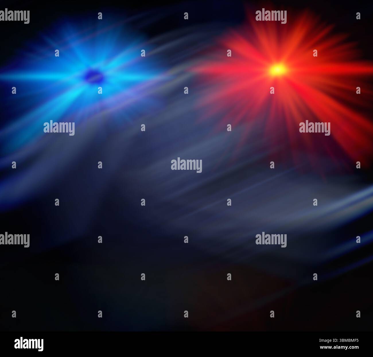 Two glowing starburst lights are emitting beams in dark abstract space ...