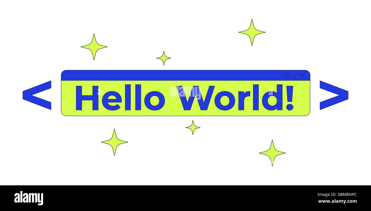 Hello world text coding banner in sparkles and code brackets 2D cartoon object Stock Vector