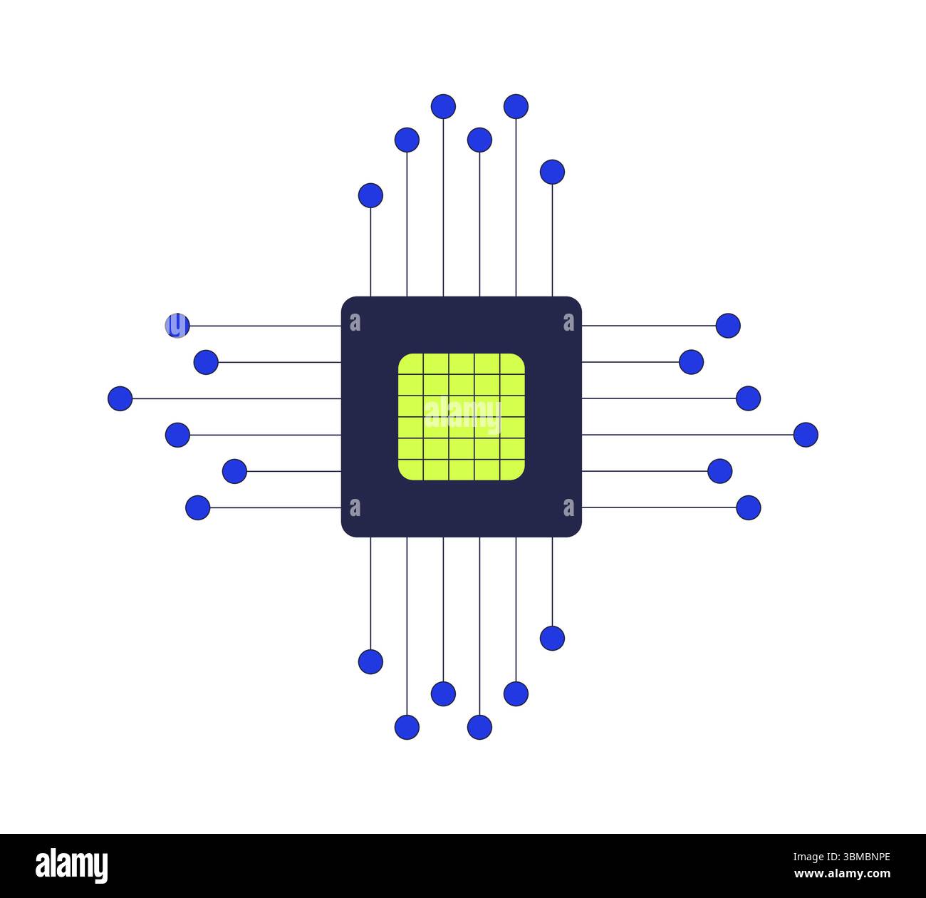 Central microchip with extending circuit nodes 2D cartoon object Stock Vector