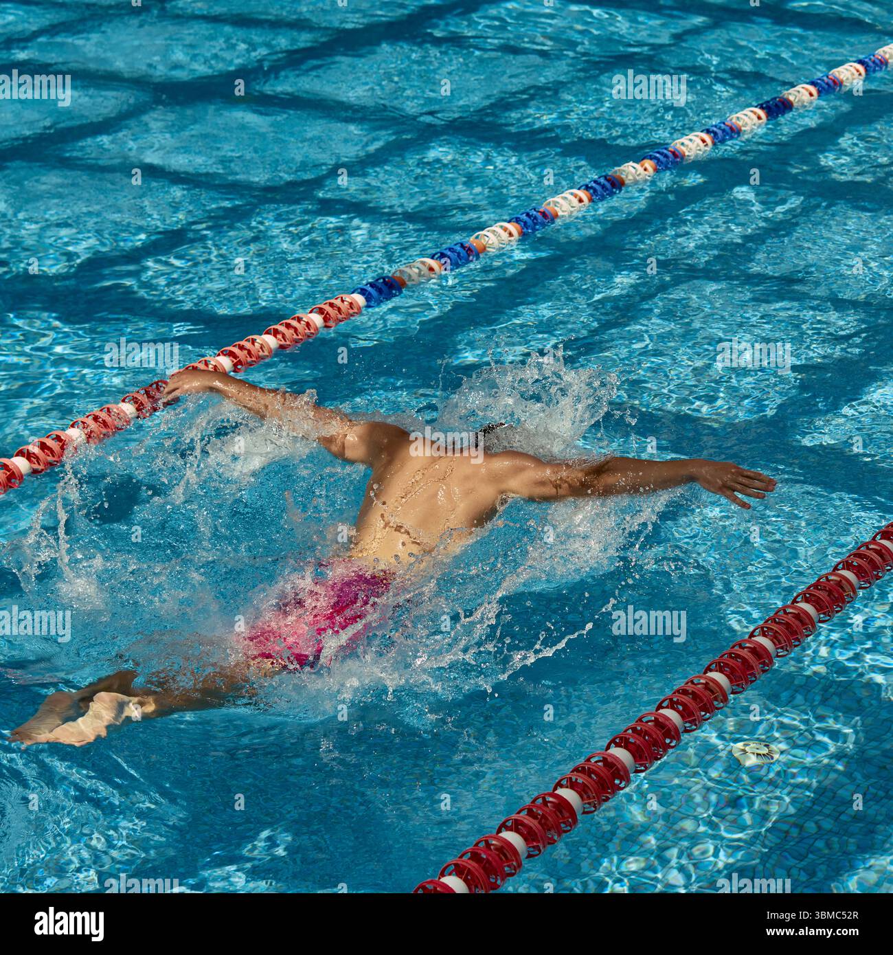 Swimmer executing butterfly stroke in outdoor swimming pool lane during ...