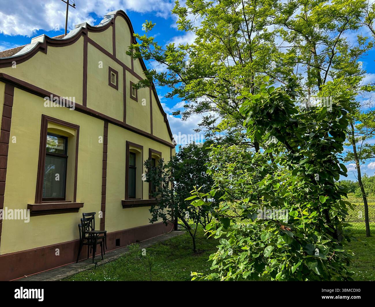 Horizontal photo of a traditional Vojvodina-style rural house in Serbia, with decorative facade and lush garden trees under a partly cloudy blue sky. - Smartphone Captured Stock Image