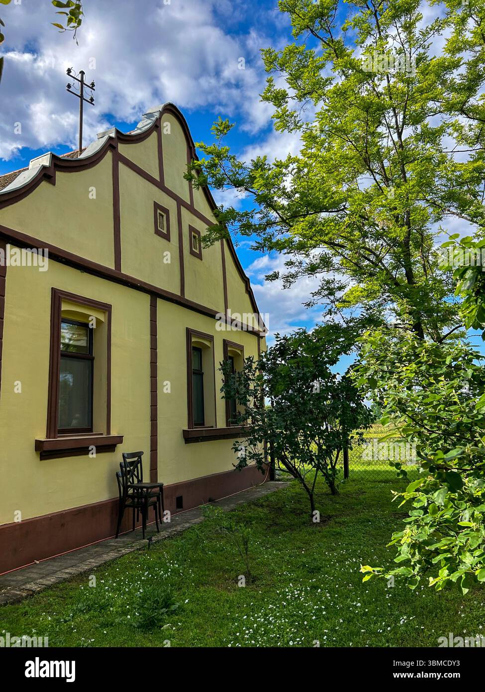 Vertical photo of a traditional Vojvodina-style rural house in Serbia, with decorative facade and lush garden trees under a partly cloudy blue sky. - Smartphone Captured Stock Image